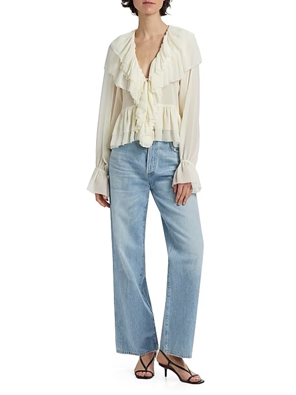 Ronny Kobo Collection Cream Ruffled V-Neck Peplum Blouse - Picture 2 of 3